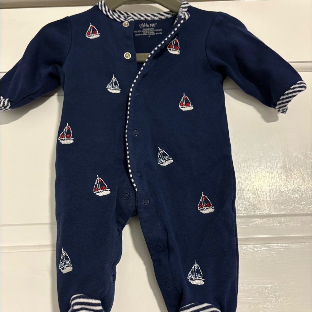 Excellent Condition. Little Me Navy and Red Sailboat Footie